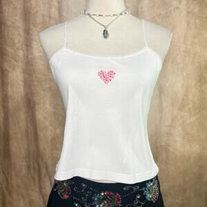 Vintage Y2K Pink Heart Cami Tank Top White Sleeveless Baby Tee Indie McBling